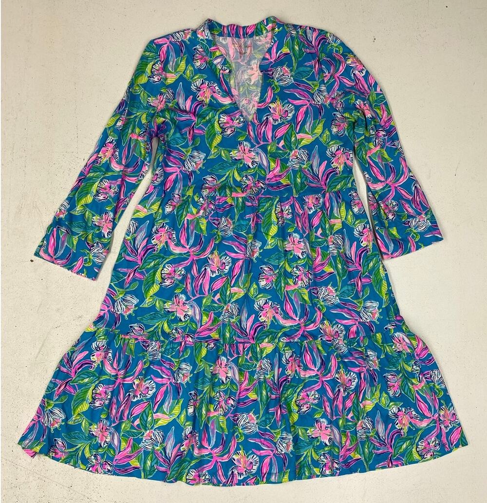 Women Lilly Pulitzer Alaina Swing 3/4 sleeve floral v-neck summer dress S